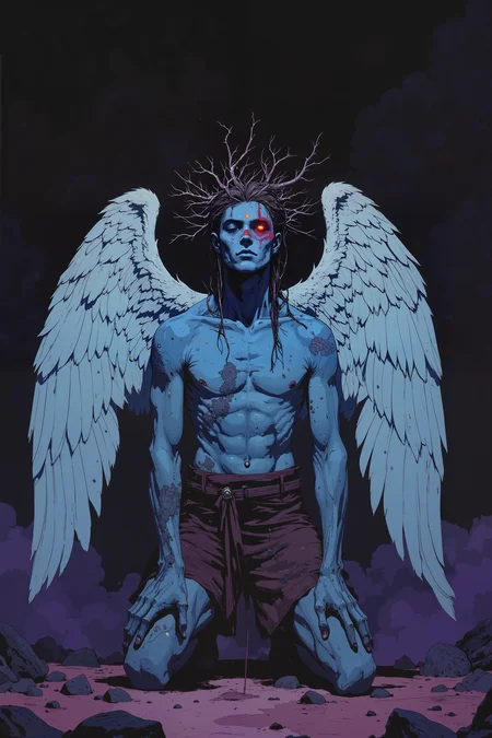 a surreal, ethereal figure of a male angel-like creature. The figure is kneeling on a dark, smoky ground, with a deep, dark background that transitions from black to shades of purple and blue, giving an almost cosmic feel to the scene. The creature has a striking, almost otherworldly appearance with pale blue skin and large, white feathered wings that span out dramatically on either side. The wings are detailed with individual feathers and a sense of movement, as if in flight.The figure's face is strikingly painted with dark, tribal-like markings, particularly a red mark on the forehead that resembles a third eye. His eyes are closed, adding to the serene, contemplative expression. The creature's body is muscular and lean, with a slight hint of a six-pack visible through the skin. He is wearing minimal clothing, with only a loincloth-like garment that is a deep, earthy brown.On his head, there is a complex crown composed of intertwined arrangement of branches and twigs, suggesting a connection to nature or a spiritual realm. The overall mood of the image is mystical and introspective, with a blend of realism and fantasy elements.,in the style of cksc,anime, cyberpunk, DB4RZ, DB4RZ style painting <lora:CPA:0.5><lora:FLUX-daubrez-DB4RZ:0.3><lora:Luminous_Shadowscape-000016:0.3><lora:ck-shadow-circuit-000021:0.35>