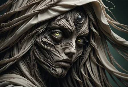 Super Closeup Portrait, Create a DARK dystopian description capturing the essence of an indian cyborg woman in a close-up photograph, featuring real human DARK green-gray eyes with an intense gaze. The subject has long flowing hair, draped in a ghostly white star wars linen cloak billowing in the wind. The face is a striking fusion of half-cyborg with intricately crafted black saphir elements, cables, wires and half-human skin, creating a mesmerizing and enigmatic presence. standing at the ocean in bright sunlight, ethereal, sunray,
very detailed, atmospheric haze, Film grain, cinematic film still, shallow depth of field, highly detailed, high budget, cinemascope, moody, epic, OverallDetail, gorgeous, 2000s vintage RAW photo, photorealistic, candid camera, color graded cinematic, eye catchlights, atmospheric lighting, skin pores, imperfections, natural, shallow dof