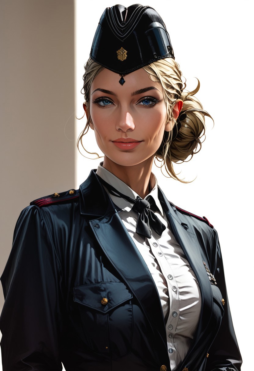 score_9, score_8_up, score_7_up, score_6_up, raw, realistic, hyperrealistic, concept art, sinfully stylish, dramatic lighting, shadows, soft light, masterpiece, high quality, (best quality:1.1), ksenia_naievna, 1girl, solo, blonde hair, blue eyes, military uniform, garrison cap, single hair bun, aiguillette, white shirt, looking at viewer, black necktie, upper body, collared shirt, white background, black military uniform jacket, upper body, low resolution, blurred, smile, parted lips, turning to the side, black garrison cap