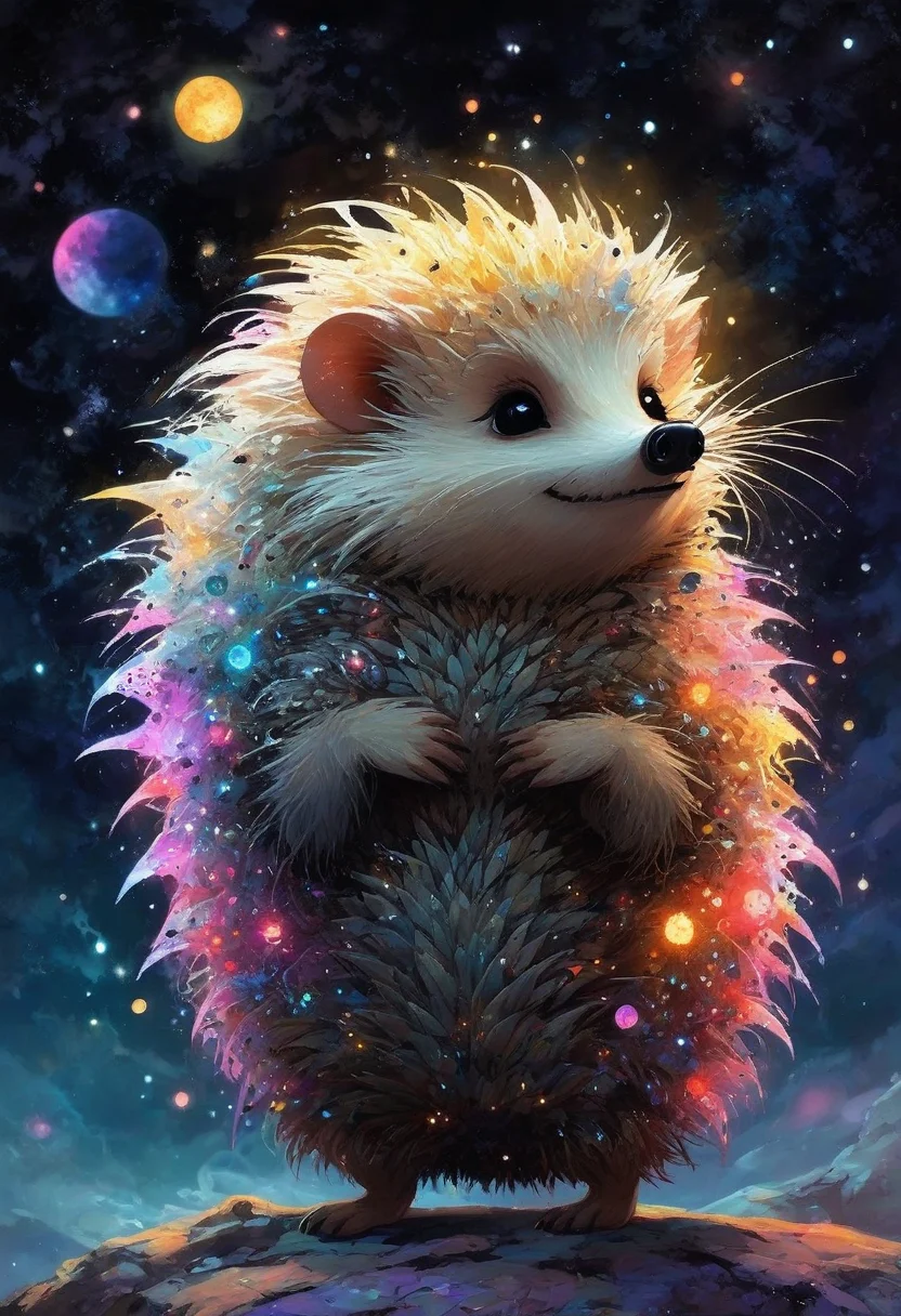 CreepyCuteMagical, A fluffy, glowing hedgehog with spikes that resemble miniature galaxies. The creature emits a faint, silvery light as it sniffs at a patch of glowing, alien flowers in a vivid dreamscape. The sky above is filled with two moons and a scattering of glittering meteors. The style is inspired by a mix of Studio Ghibli whimsy and cosmic fantasy.