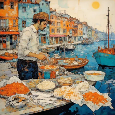 A digital painting with a vibrant, impressionistic style. It depicts a fisherman sells fish on a sunny day.