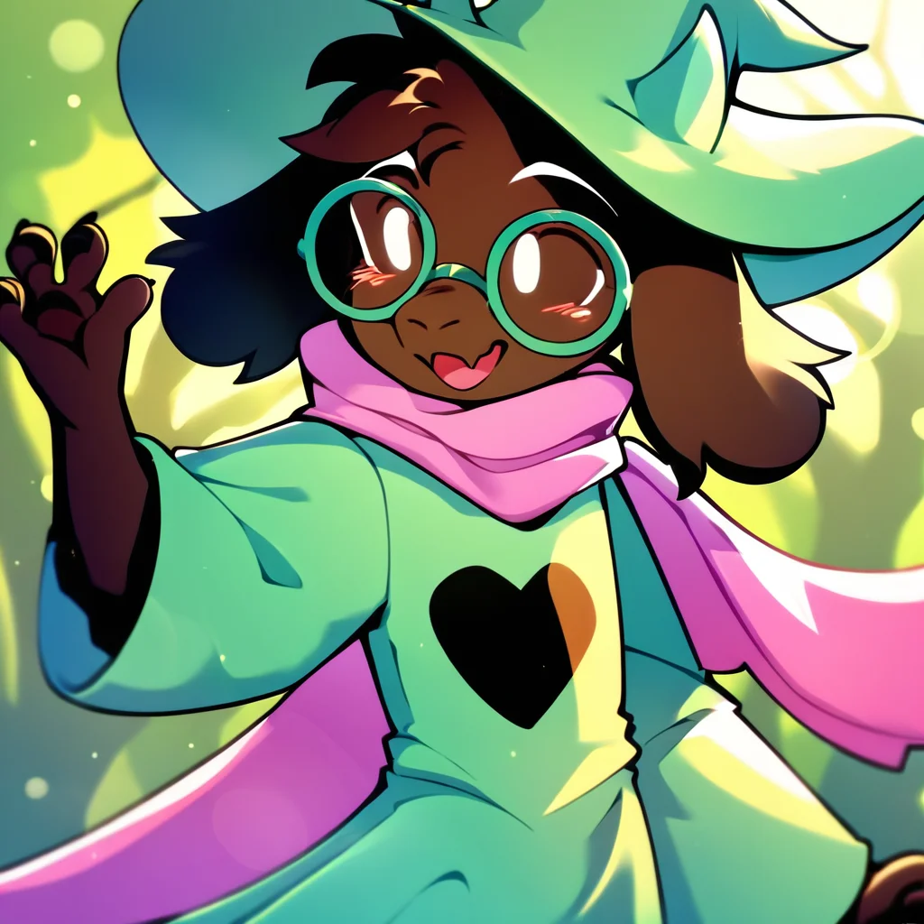 cinematic film still score_9,score_8_up,score_7_up,score_6_up,score_5_up,score_4_up, solo anthro, goat, RalseiBlack, upper body, boy, (white eyes), green robe, pink scarf, Green hat, Black fur, ((round glasses, Green glasses)), (happy, dancing), <lora:Ralsei B-W-000016:1>, forest background . shallow depth of field, vignette, highly detailed, high budget, bokeh, cinemascope, moody, epic, gorgeous, film grain, grainy