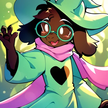 cinematic film still score_9,score_8_up,score_7_up,score_6_up,score_5_up,score_4_up, solo anthro, goat, RalseiBlack, upper body, boy, (white eyes), green robe, pink scarf, Green hat, Black fur, ((round glasses, Green glasses)), (happy, dancing), <lora:Ralsei B-W-000016:1>, forest background . shallow depth of field, vignette, highly detailed, high budget, bokeh, cinemascope, moody, epic, gorgeous, film grain, grainy