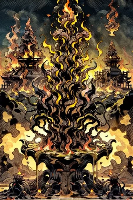 (masterpiece:1), (best quality:1), LavaMecha, Pompeii, volcanic eruption, (fire, brimstone:1.2)