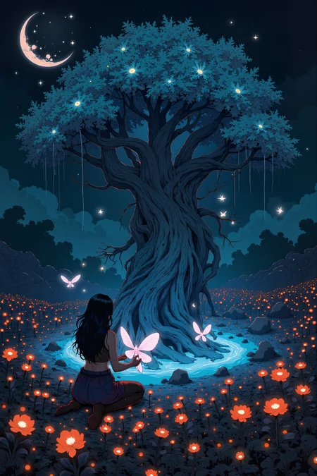 A colossal, biomechanical tree towers above an endless field of bioluminescent flowers, its metallic branches humming softly as liquid silver drips from its crystalline leaves. At its base, an artist with iridescent skin and four delicate, insect-like wings kneels, painting the air itself with a brush dipped in shifting light. Each stroke leaves behind a floating, shimmering ribbon of color that pulses gently before dissolving into the night. Around them, small creatures made of pure energy flit between the flowers, their tiny bodies pulsing in rhythm with the great treeâs silent song. Above, a shattered moon hangs in the sky, its broken pieces orbiting each other in slow, mesmerizing patterns. The air smells of something electric and sweet, like rain just before it falls, and the entire landscape pulses as if it is alive. The artist smiles to themselves, knowing that their work is never truly finishedâbecause here, in this place, creation itself is infinite. , detailed background  Fantastic lighting. Detailed shadows.intricate details, vivid colors, hyper-detailed, ultra-sharp, , <lora:Semi-realisticPortraitPainting:0.4> <lora:Let_It_Blaze_in_Crimson_anime_v1.0:0.6>