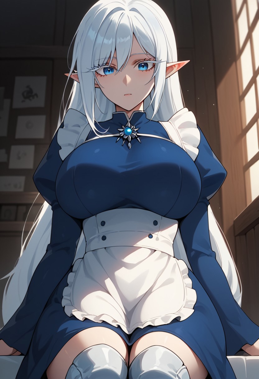 beautiful eyes, shinny eyes,eye catching,  knee white boots, schnee raizar, blue eyes, white eyelashes, white hair, long hair, large breasts, pointy ears, long blue dress, white apron, long sleeves, score_9, score_8_up, score_7_up, BREAK source_anime,  schnee raizar, blue eyes, white eyelashes, detail1eye,, white hair, long hair, large breasts, pointy ears, long blue dress, white apron, long sleeves,