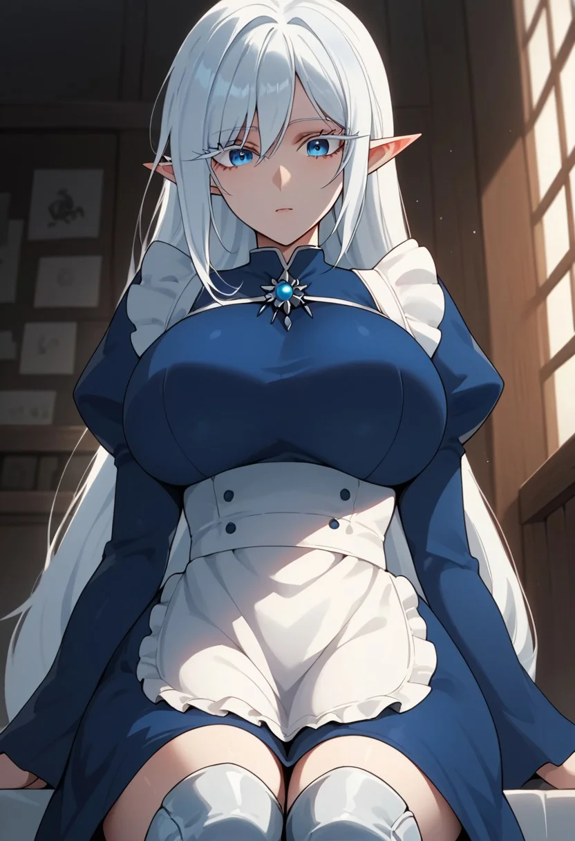 beautiful eyes, shinny eyes,eye catching, knee white boots, schnee raizar, blue eyes, white eyelashes, white hair, long hair, large breasts, pointy ears, long blue dress, white apron, long sleeves, score_9, score_8_up, score_7_up, BREAK source_anime, schnee raizar, blue eyes, white eyelashes, detail1eye,, white hair, long hair, large breasts, pointy ears, long blue dress, white apron, long sleeves,