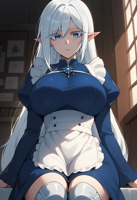 beautiful eyes, shinny eyes,eye catching, knee white boots, schnee raizar, blue eyes, white eyelashes, white hair, long hair, large breasts, pointy ears, long blue dress, white apron, long sleeves, score_9, score_8_up, score_7_up, BREAK source_anime, schnee raizar, blue eyes, white eyelashes, detail1eye,, white hair, long hair, large breasts, pointy ears, long blue dress, white apron, long sleeves,