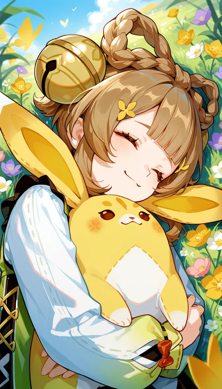 (masterpiece, best quality), safe, amazing quality, very aesthetic, absurdres, highres, newest, HDR, 8K, high detail RAW color art, large pupil, eyelashes,
1girl, Yaoyao \(genshin impact\), yuegui \(genshin impact\), round teeth, closed eyes, smile, upper body, heads together, lying, embrace each other and have, hug, vivid colors, flower, butterfly, look into the distance, side way, happy, sunny day, blue sky,<lora:748cmSDXL:0.3>, <lora:薄塗り:0.4>, <lora:spo_sdxl_10ep_4k:0.6>, <lora:MeMaXL4:0.8>, <lora:Pony People's Works_ill:0.6>