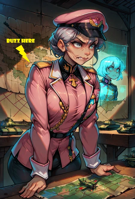 masterpiece, best quality, absurdres, rrhapsody, BREAK,
1girl, mature woman, grey_hair, wrinkled skin, stern face, standing over map table, 
military officer cap, (pink military gala uniform:1.2), epaulettes, badges, medals,
tank miniatures, soldier miniatures, airplane miniatures, war room, map hologram,
from front,