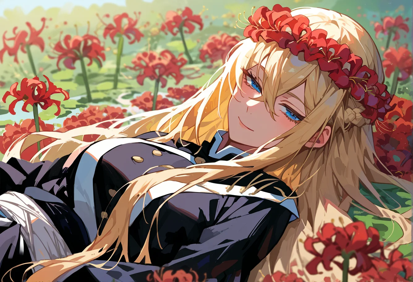 score_9, score_7_up, source_anime, BREAK <lora:Spiderlily:1> spider lily, flower field, red flower wreath, half-closed eyes, flower bed,
black kimono, light smile, 1girl, blue eyes, very long hair, blonde hair, long blonde hair, french braid, bangs, hair between eyes, medium breasts, on back,