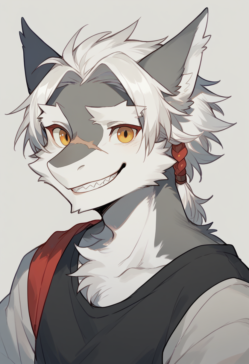 score_9, score_8_up, score_7_up, high quality, hi res, by milkybot, furry, tail, short hair, sergal boy, grey body, solo, looking at viewer, white hair, scar on left eye, smiling, happy, upper body, simple background, <lora:Milkybot_style:1>