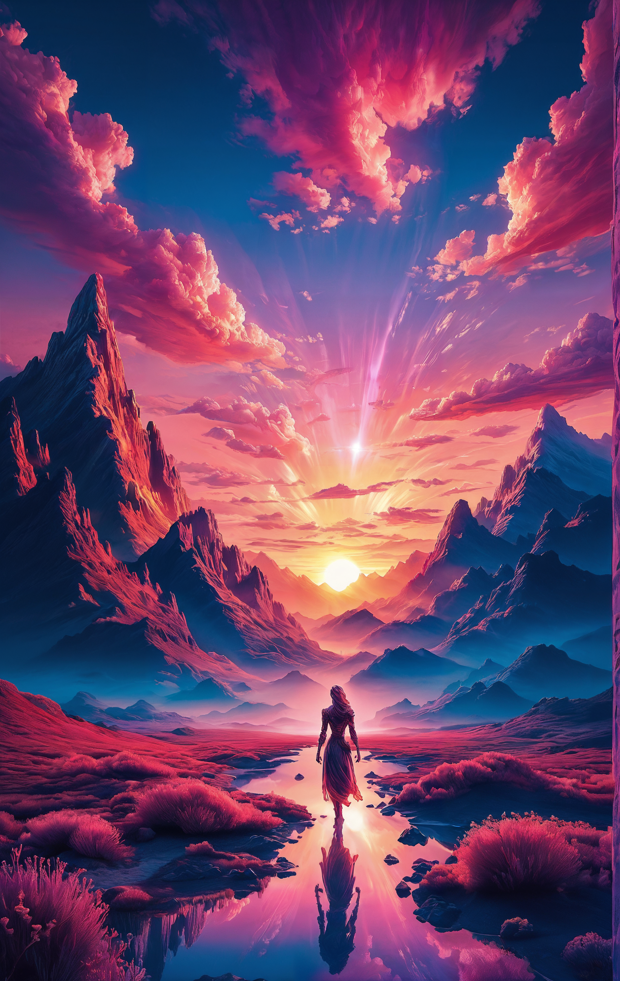 score_9, score_8_up, score_7_up, score_6_up, Lone wanderer, vast horizon, glowing sunrise, endless plains, distant mountains, open sky, warm light, soft shadows, solitary figure, expansive landscape, gentle breeze, new beginning, journey’s end, golden hues, serene atmosphere, quiet reflection, boundless possibilities, unfolding path, majestic view, calm anticipation