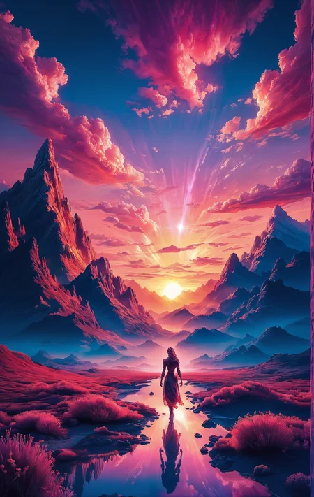 score_9, score_8_up, score_7_up, score_6_up, Lone wanderer, vast horizon, glowing sunrise, endless plains, distant mountains, open sky, warm light, soft shadows, solitary figure, expansive landscape, gentle breeze, new beginning, journey’s end, golden hues, serene atmosphere, quiet reflection, boundless possibilities, unfolding path, majestic view, calm anticipation