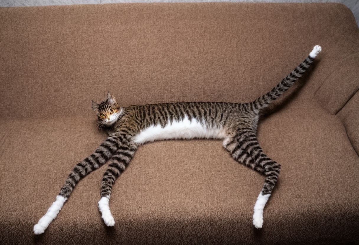 Highly detailed photo of cat with (((Long legs:1.8)) laying on couch,  uhd, 8k, ultra realistic, 4 legs, tail, long neck