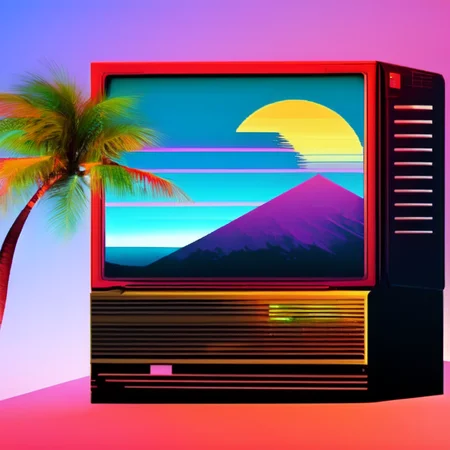 photo (retrowave style:1) an old television screen with a palm tree on the screen <lora:djzRetroWaveV21_LoraBooth:1>