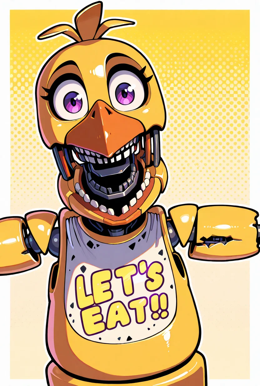 <lora:withchica-10:1> withchica, 1girl, teeth, robot, open mouth, solo, yellow skin, , no humans, joints, beak, bird, purple eyes, wires, yellow background, stretched arms, looking at viewer, cartoon,, masterpiece, best quality, amazing quality, very aesthetic, absurdres, newest,, upper body, halftone effect, white borders, abstract background:1.2,