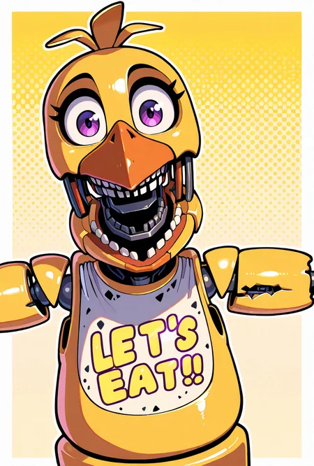 <lora:withchica-10:1> withchica, 1girl, teeth, robot, open mouth, solo, yellow skin, , no humans, joints, beak, bird, purple eyes, wires, yellow background, stretched arms, looking at viewer, cartoon,, masterpiece, best quality, amazing quality, very aesthetic, absurdres, newest,, upper body, halftone effect, white borders, abstract background:1.2,