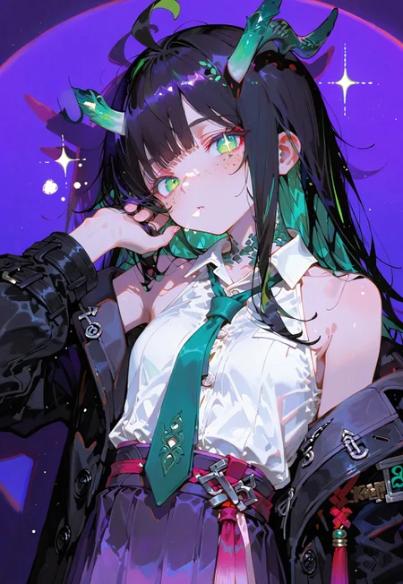 looking at viewer,bust shot

Sleepy

1 girl,petite,loose unruly messy hair,messy bangs,black hair,green accents hair,fair skin,dragon horns,green eyes, sparkling eyes,freckles,ahoge, (unique ear:1.1)

Large Black coat with green accent,coat hanging sleeves,white sleeveless buttoned shirt tucked in,green tie, exposed shoulder,dark purple skirt

Color background, bright purple background,(shadow:1.2), light from front,glimmer, [scales design], sparkling,(analgylph:1.5),(spotlight:1.2),(purple hue:0.8),(glowing green)

Cunnystyle,748cmstyle,Smooth_Quality,masterpiece,best quality,amazing quality, aesthetic,(vibrant colors:1.7),(bold lines:1.3),(saturated:1.6)