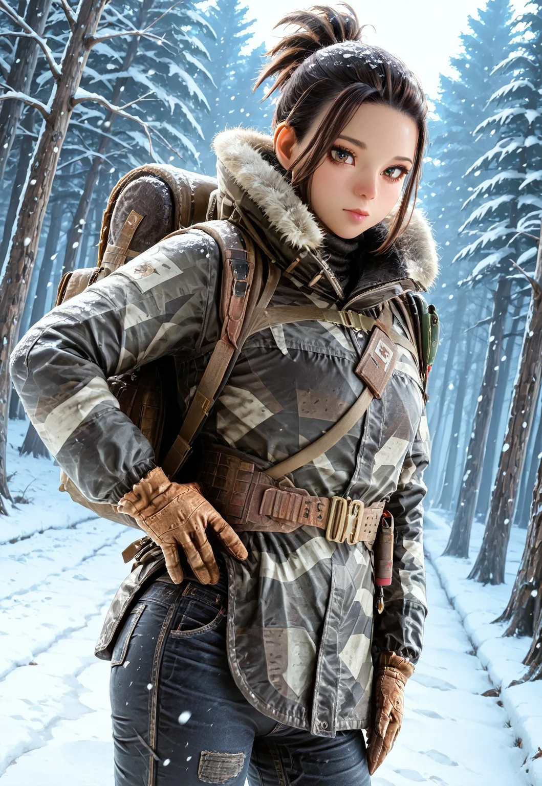 lazypos, masterpiece, best quality, dynamic angle, 1girl, solo, frostr6s, brown hair, dread ponytail, short hair, brown eyes, winter coat, jeans, backpack, brown gloves, hand on hip, snowing, forest, detailed scenery, looking at viewer