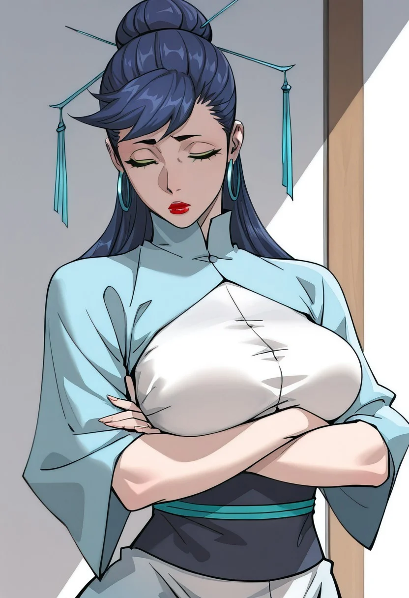 masterpiece, best quality, amazing quality, absurdres, highres,
nangong, 1gir, green eyes, blue hair, lipstick, red lips, hair ornament, hoop earrings, single hair bun, hair behind ear, breasts,
dim lighting, dynamic pose, looking at viewer, glowing theme, arms crossed under breasts, sexy, looking away, dissatisfied, closed eyes