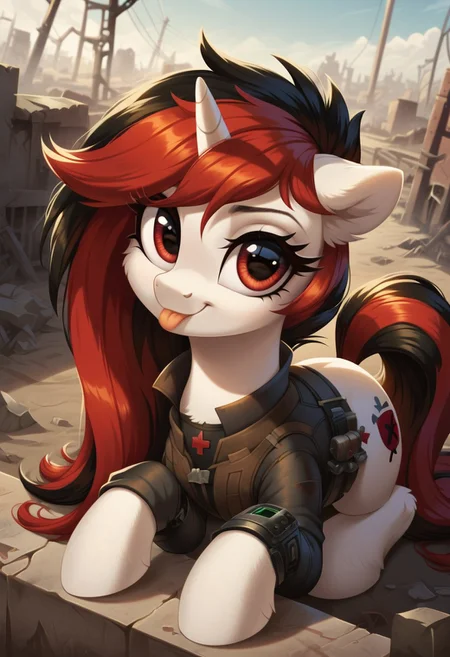 score_9, score_8_up, score_7_up, score_6_up, score_5_up, score_4_up, my little pony, solo, pony, feral pony, unicorn, white skin, blackjack, wasteland, abandoned city, black fallout costume, on knees, sit, happy, smile, tongue, look at you, beautiful, detailed, (detailed cute pony face), detailed fur, beautiful, vector, flat colors, (beautiful long eyelashes), ((close-up)), high angle