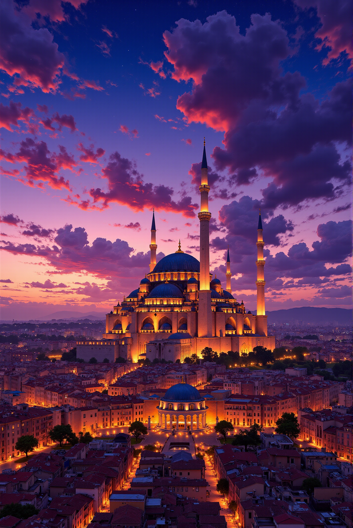 <lora:Vibrantly_sharp_style_v.3:0.8> VibrantlySharp style. 71. The Majestic City at Dusk – A Grand Mosque Illuminated by the Setting Sun