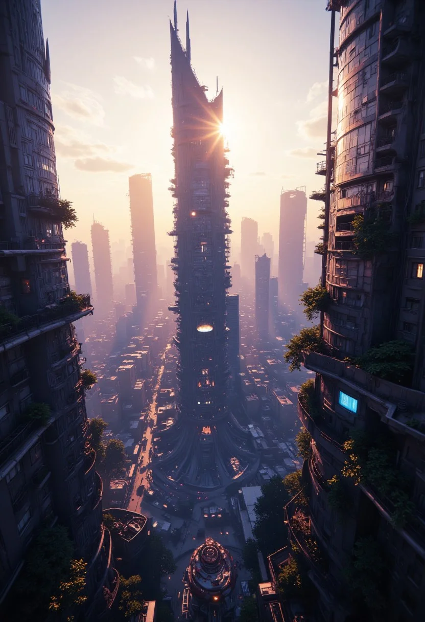 A futuristic skyline Summer, with towering skyscrapers casting long shadows over the city below. detailmaximizer