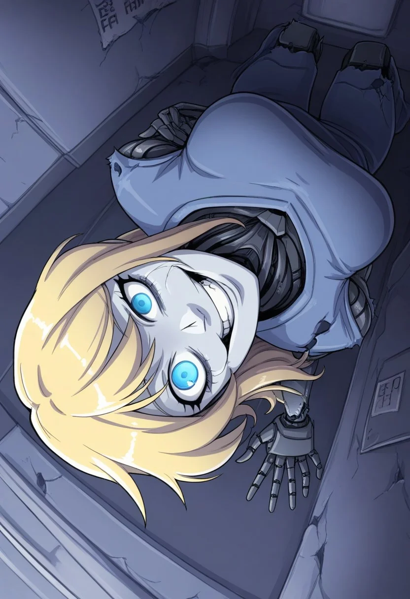 Ellie Buckingham, ((Bright Blond hair)), Blond Hair, Blond Bright blue eyes. Western Style Artwork. Bold Lines,
high detail, high res, detailed eyes
masterpiece, good quality, best quality, robot girl, missing eye, crazy, creepy, horror, grin, 1girl, broken, R3troCRTGr33n, monochrome,security footage, dark themed, framed, from above, from angle, hanging jaw, headtilt, damaged robot, missing arm