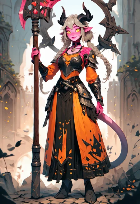 score_9, score_8_up, score_7_up, score_6_up, score_5_up,4k,Tiefling,paladin,pink skin,beautiful face , female,breasts, tail, horns, dragom_tail, body,armor, twintails, large_small,long_hair, choker, old castle_background, orange_eyes, long_Skirt, belt,full body,in your hands axe,