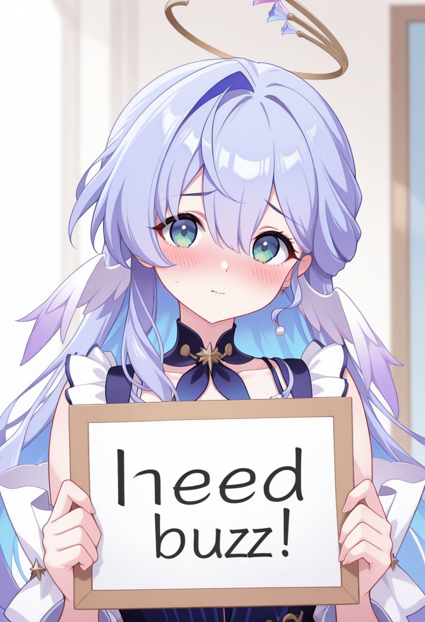 masterpiece, best quality,1girl, 
robinHSR,
green eyes,blue hair,hair intake,hair between eyes, colored inner hair, halo,purple hair,
need_buzz, holding sign,
upperbody,blush,