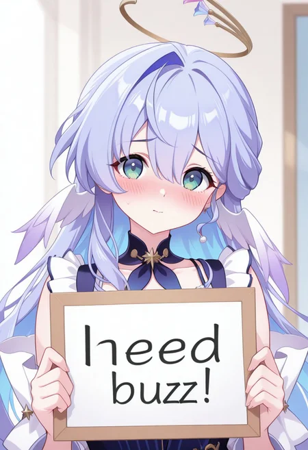 masterpiece, best quality,1girl,
robinHSR,
green eyes,blue hair,hair intake,hair between eyes, colored inner hair, halo,purple hair,
need_buzz, holding sign,
upperbody,blush,