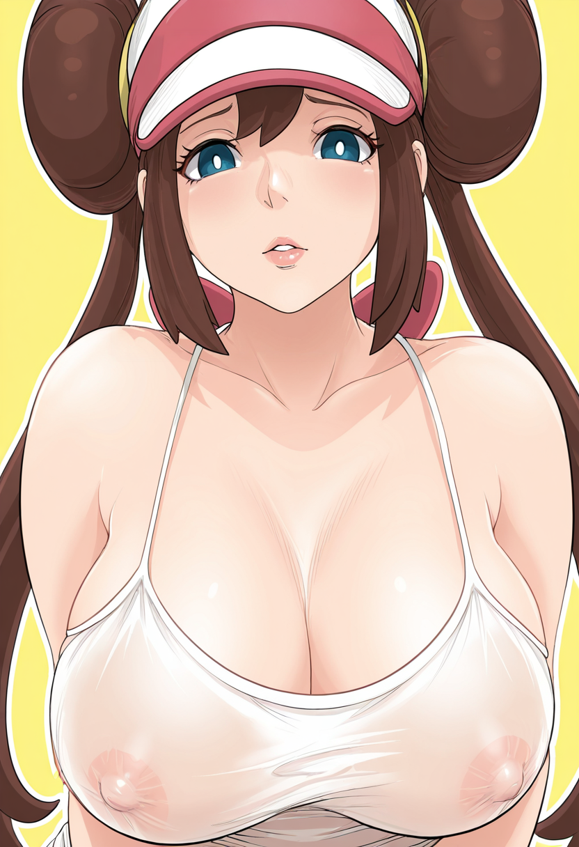 masterpiece, best quality, 
1girl, solo, 
Sideways
rosa \(pokemon\), brown hair, blue eyes, twintails, doughnut hair bun, 
white camisole, see-through clothes, covered nipples,
looking at viewer, 
simple background, Yellow  background, outline, 
 <lora:raikageart:1> r41k4g34rt,