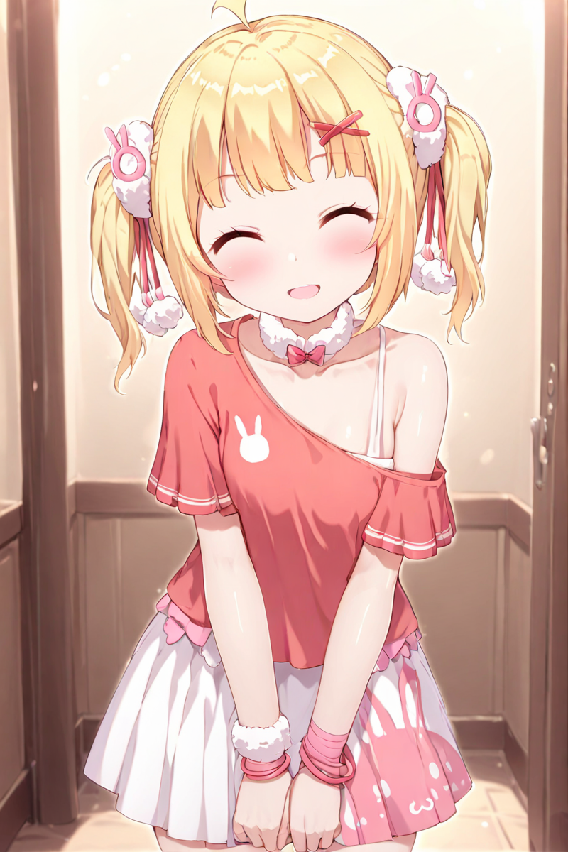 masterpiece, best quality, 1girl, solo, Tuya, smile, :d, ^_^, 
white skirt, off-shoulder shirt,bunny print,  animal print, pleated skirt, blush, off shoulder, looking at viewer, red shirt, wristband, pom pom \(clothes\), <lora:Tuya_xl:1>, leaning forward,