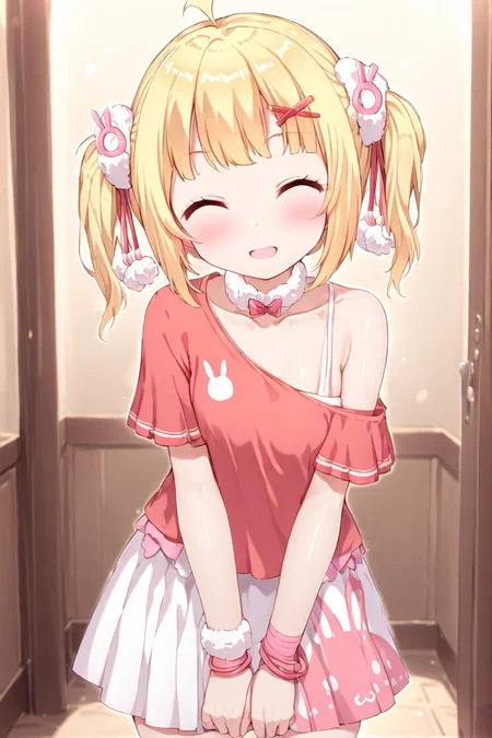 masterpiece, best quality, 1girl, solo, Tuya, smile, :d, ^_^, 
white skirt, off-shoulder shirt,bunny print,  animal print, pleated skirt, blush, off shoulder, looking at viewer, red shirt, wristband, pom pom \(clothes\), <lora:Tuya_xl:1>, leaning forward,