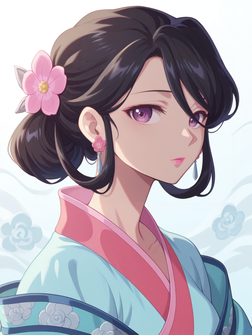 1girl,portrait, 
ywfr,1girl,black hair,hair bun,hair ornament,hair rings,hair flower,purple eyes,pink lips,earrings,blue hanfu,pink trim,
looking at viewer,,<lora:ywfurong_noob:1>