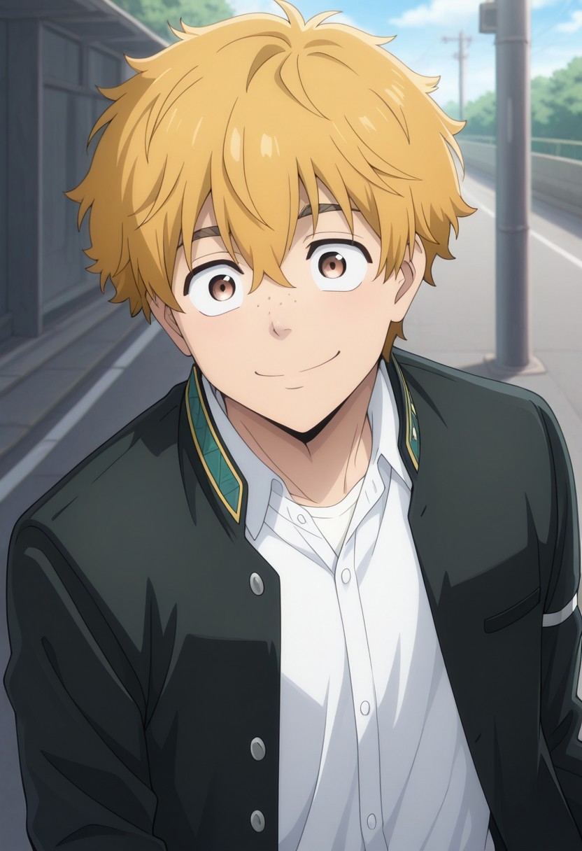 masterpiece,best quality,amazing quality, source_anime,
AkihikoNirei, 1boy, male focus, solo, brown eyes, blonde hair, freckles, school uniform, jacket, black jacket, open jacket, shirt, white shirt, collared shirt, smile, outdoor,