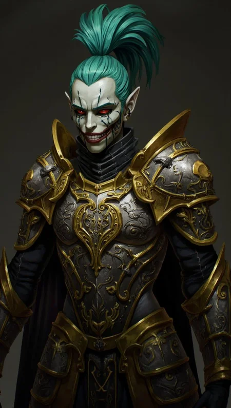 <lora:ck-LttleGhost-000011.safetensors:1> in the style of ck-lttlegh0stA figure stands before me, its face frozen in a macabre grin, encased in ornate gold and silver armor that seems to come alive in the dim light. A teal-feathered topknot adorns its head, while intricate designs writhe across the armor's surface like living serpents. Durable materials ensure an unsettling, regal presence.