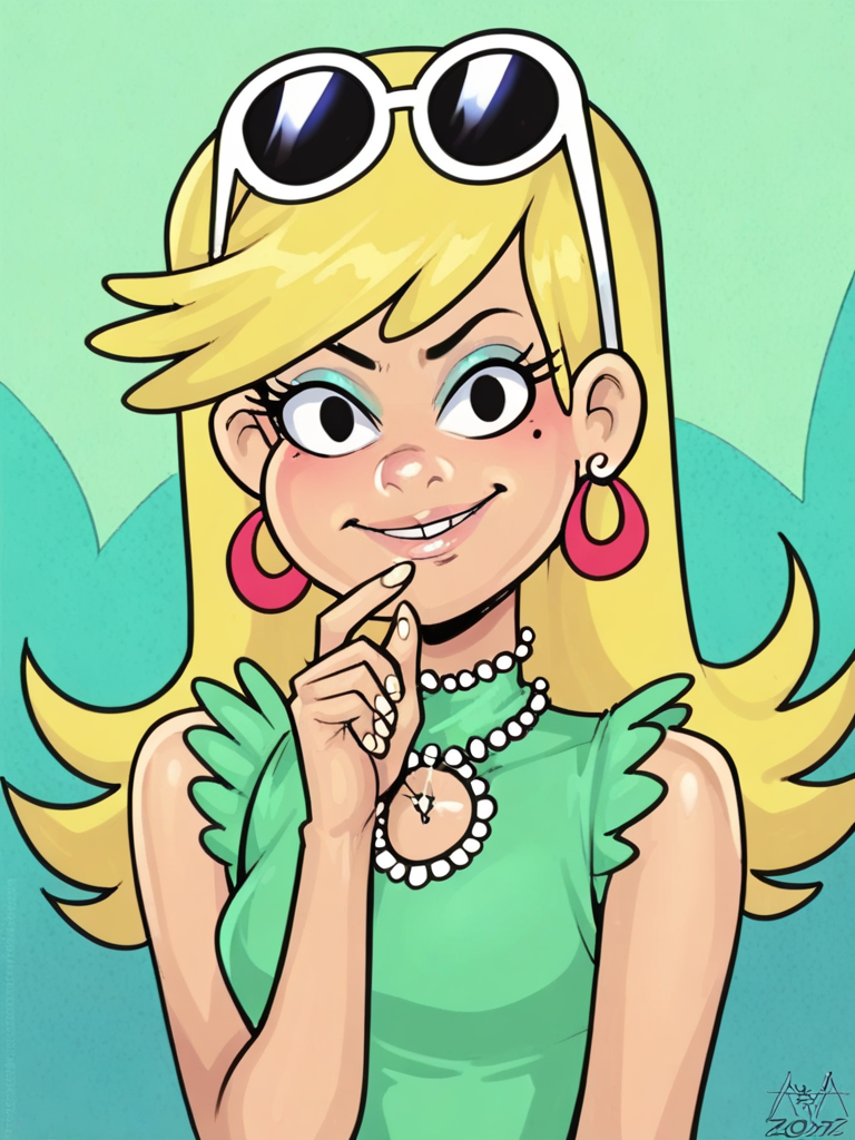 score_9, score_8_up, score_7_up, score_6_up, score_5_up,
Leni Loud, blonde hair, long hair, black eyes,earrings, sunglasses on head, green dress, sleeveless dress,
, 1girl, solo, looking at viewer
, aaaninja <lora:AAANinja:1> <lora:Leni_LoudV1:0.4>