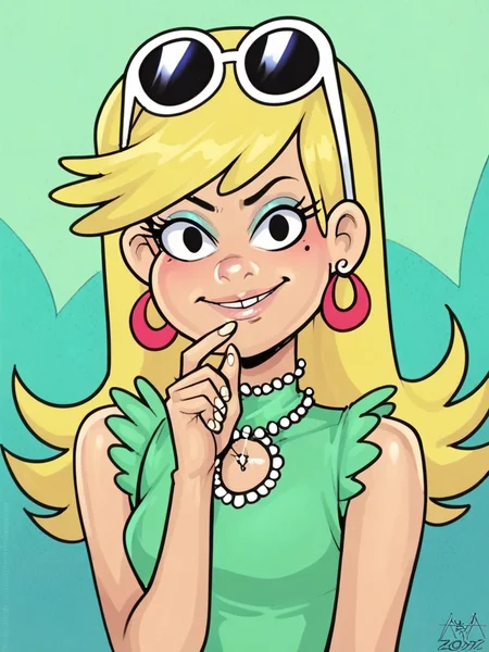 score_9, score_8_up, score_7_up, score_6_up, score_5_up,
Leni Loud, blonde hair, long hair, black eyes,earrings, sunglasses on head, green dress, sleeveless dress,
, 1girl, solo, looking at viewer
, aaaninja <lora:AAANinja:1> <lora:Leni_LoudV1:0.4>