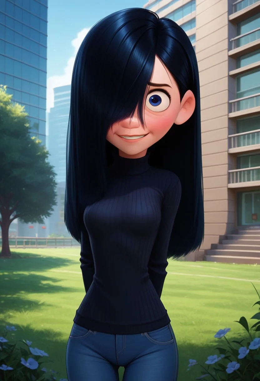 score_9,score_8_up,score_7_up,score_6_up,best quality, background is behind building, wall, grass, 1girl,
BREAK
VioletParr, black hair, long hair, hair over one eye, hair over face, blue eyes, shy, flustered, looking at viewer, black sweater, jeans, arms behind back, firm ass, slender body, breasts, smile