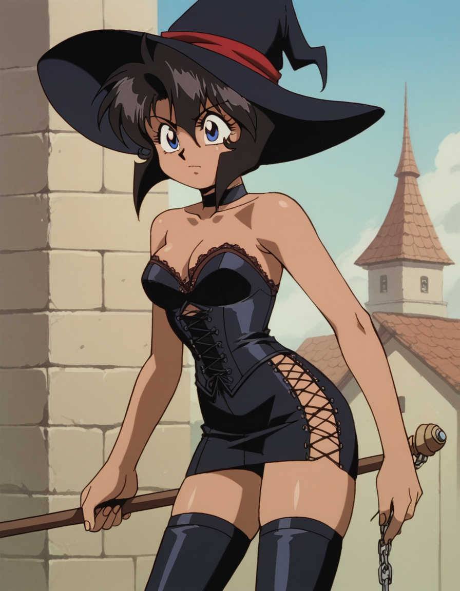 zPDXL, score_9, score_8_up, score_7_up, source_anime, 8k, absurdres, 1990s \(style\), retro artstyle, anime coloring, 
1girl, solo, <lora:Gunsmith_v3-20:1> gnsmth, rally, dark-skinned female, black hair, blue eyes, short hair , witch wearing Elegant black velvet dress with corset lacing, thigh-high stockings, lace-up boots, (Pointed hat with intricate spiderweb lace overlay), magic talisman,