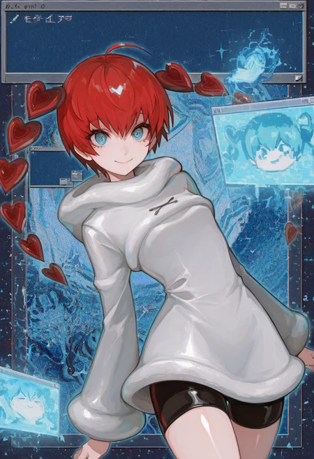 konya karasue, lam \(ramdayo\), masterpiece,best quality,highres,absurdres,newest, very awa, aesthetic, usnr, window \(computing\), abstract, glitch, mhh, dynamic pose,movementglowing,pixelates glitch, glowing screen,s0ph1a, short hair, red hair, detached hair, heart, ahoge, twintails, blue eyes,short dress, white dress, hooded dress, hood down, long sleeves, black shorts, bike shorts, cute, smile, bright smile,shiny skin ,<lora:f6784438-d152-4f5f-acca-c217db0a0f5a:0.7>, <lora:9c107e55-79ea-4dc4-bd06-bdc43dab5b35:0.4>, <lora:49c16599-ba1b-433f-a8ce-78e743e75128:0.7>, <lora:f5aa1b3d-578b-4108-8cca-83a989818734:0.7>, <lora:505bcfef-f48c-4fec-ba27-1c7782273728:0.5>