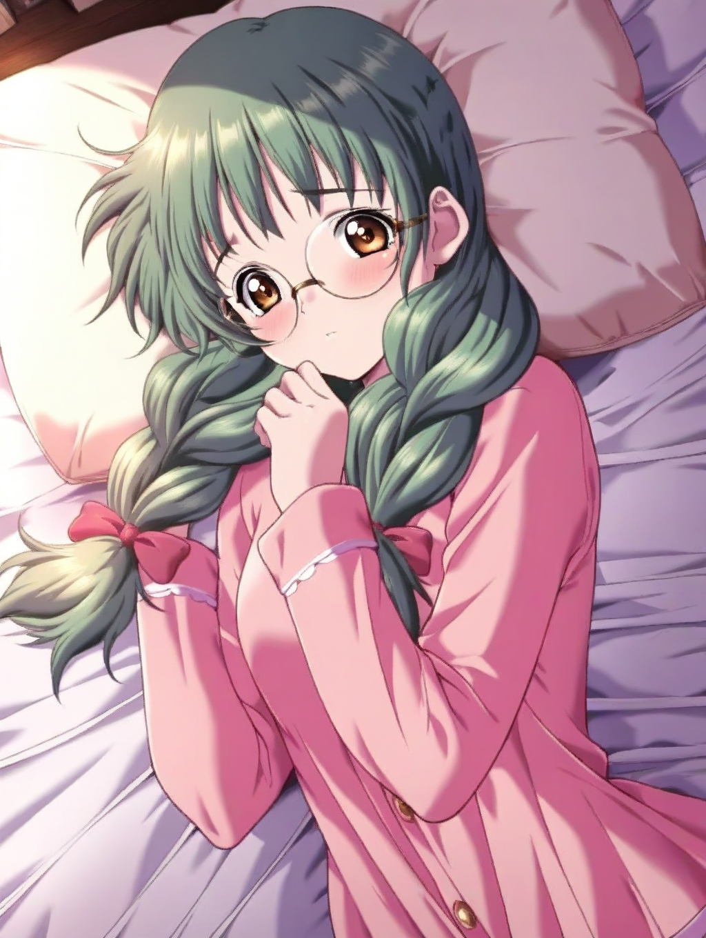masterpiece,best quality,amazing quality,very aesthetic,absurdres,newest,scenery,<lora:Saitou Chihiro_ilxl_v1-000010:1>,1girl,solo,glasses,green hair,braid,twin braids,hair over shoulder,long hair,looking at viewer,round eyewear,brown eyes,twintails,saitou chihiro,shy,pajamas,ribbon,lying,on bed,pillow,