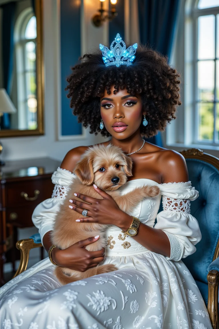 A portrait of a woman dressed in a lavish, historical-style gown, seated in an opulent room with classical architecture. She wears a large, voluminous afro hairstyle adorned with a glowing sparkling blue like tiara. The woman holds a fluffy, light brown dog close to her chest. The gown is white with intricate floral patterns, and she wears a delicate necklace and a ring on her finger. The room is decorated with blue drapery, a wooden table, and a window with a view of the outdoors. The overall color palette is dominated by soft blues, whites, and golds, evoking a sense of regality and elegance.
aidmaGlow, reflection, blue, white