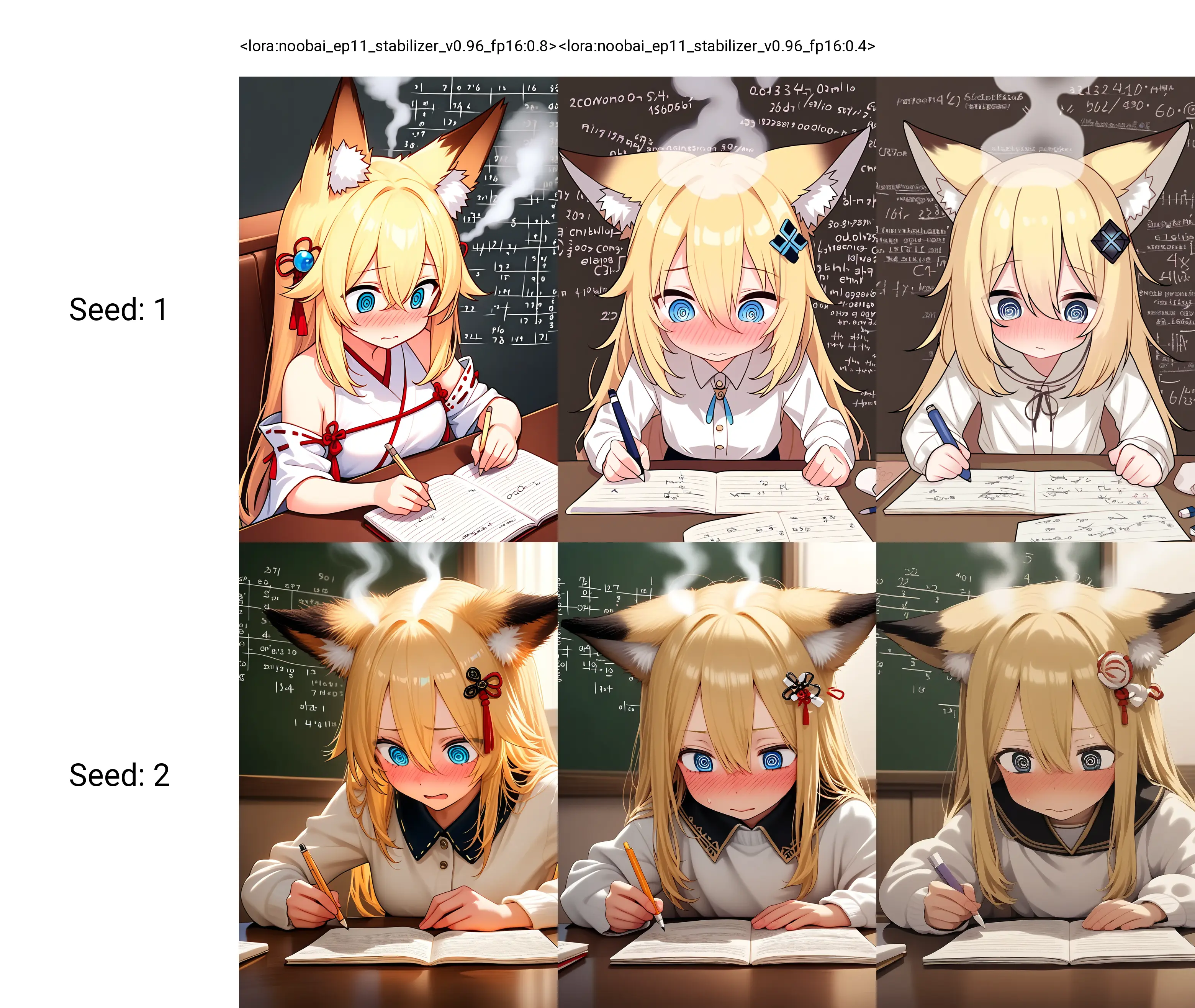 <lora:noobai_ep11_stabilizer_v0.96_fp16:0.8>1girl,fox girl,fox ears,blonde hair,long hair,hair between eyes,hair ornament,head steam,@_@,sitting,doing homework,math,masterpiece,