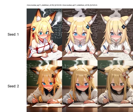 <lora:noobai_ep11_stabilizer_v0.96_fp16:0.8>1girl,fox girl,fox ears,blonde hair,long hair,hair between eyes,hair ornament,head steam,@_@,sitting,doing homework,math,masterpiece,