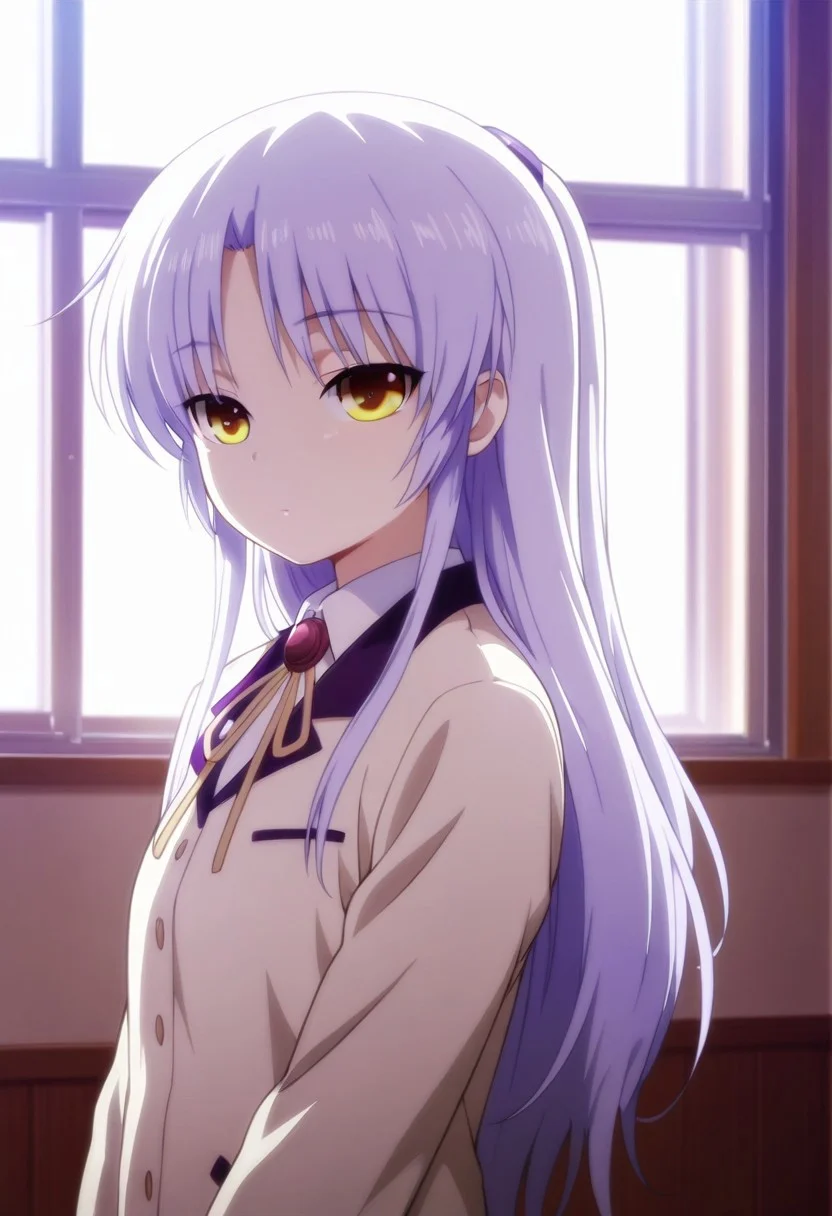 masterpiece,best quality,amazing quality, tachibana kanade, white hair, long hair, yellow eyes, 1girl, solo, school uniform, backlighting, window