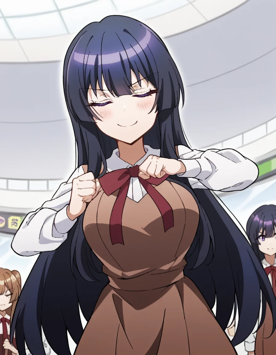 score_9, score_8_up, score_7_up, source_anime, <lora:spyroom-thea-s2-ponyxl-lora-nochekaiser:1>, thea, long hair, bangs, black hair, purple eyes, black hair, large breasts,, shirt, long sleeves, dress, bow, school uniform, white shirt, collared shirt, red bow, neck ribbon, brown dress, mall, shops, people, shopping, big, smile, <lora:shikairo-days-dance-ponyxl-lora-nochekaiser:1>, shikairo days dance, shikairo days dance (meme), dancing, meme, closed eyes, clenched hands, glowsticks, blush, smile,, looking at viewer, solo,, dutch angle, cowboy shot
