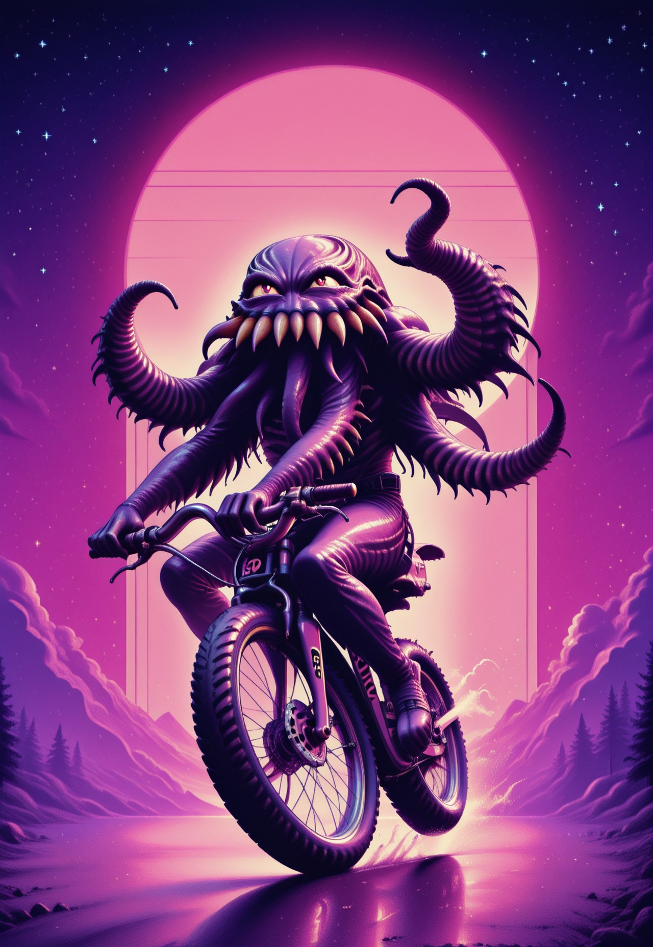 pc98, in the style of ck-rw, side view, ultros, monster, solo, no humans, riding motorcyle, at night, starry night,
masterpiece,best quality,amazing quality